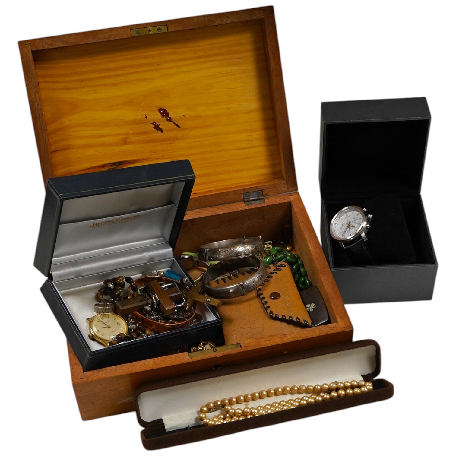 A small group of assorted mainly costume jewellery and wrist watches, including two silver hinged bangles, green enamel necklace and BMW quartz chronograph wrist watch.